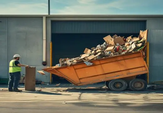Commercial skip bin outside a warehouse filled with packaging waste and cardboard, supporting skip bins hire Bunbury businesses
