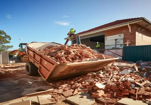 Large skip bin filled with bricks, concrete and timber at a building site, showing skip bin hire Bunbury prices for construction waste removal