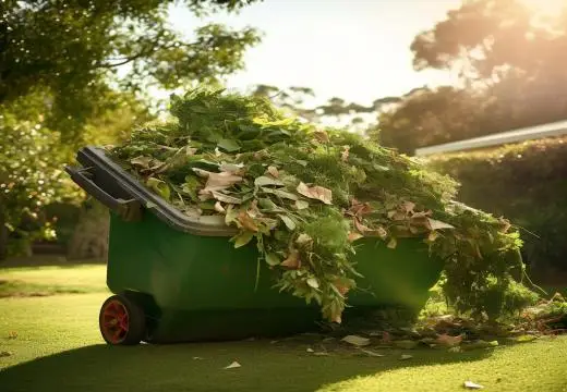Skip bin filled with tree branches, leaves and garden waste during a cheap skip bin hire Bunbury landscaping project