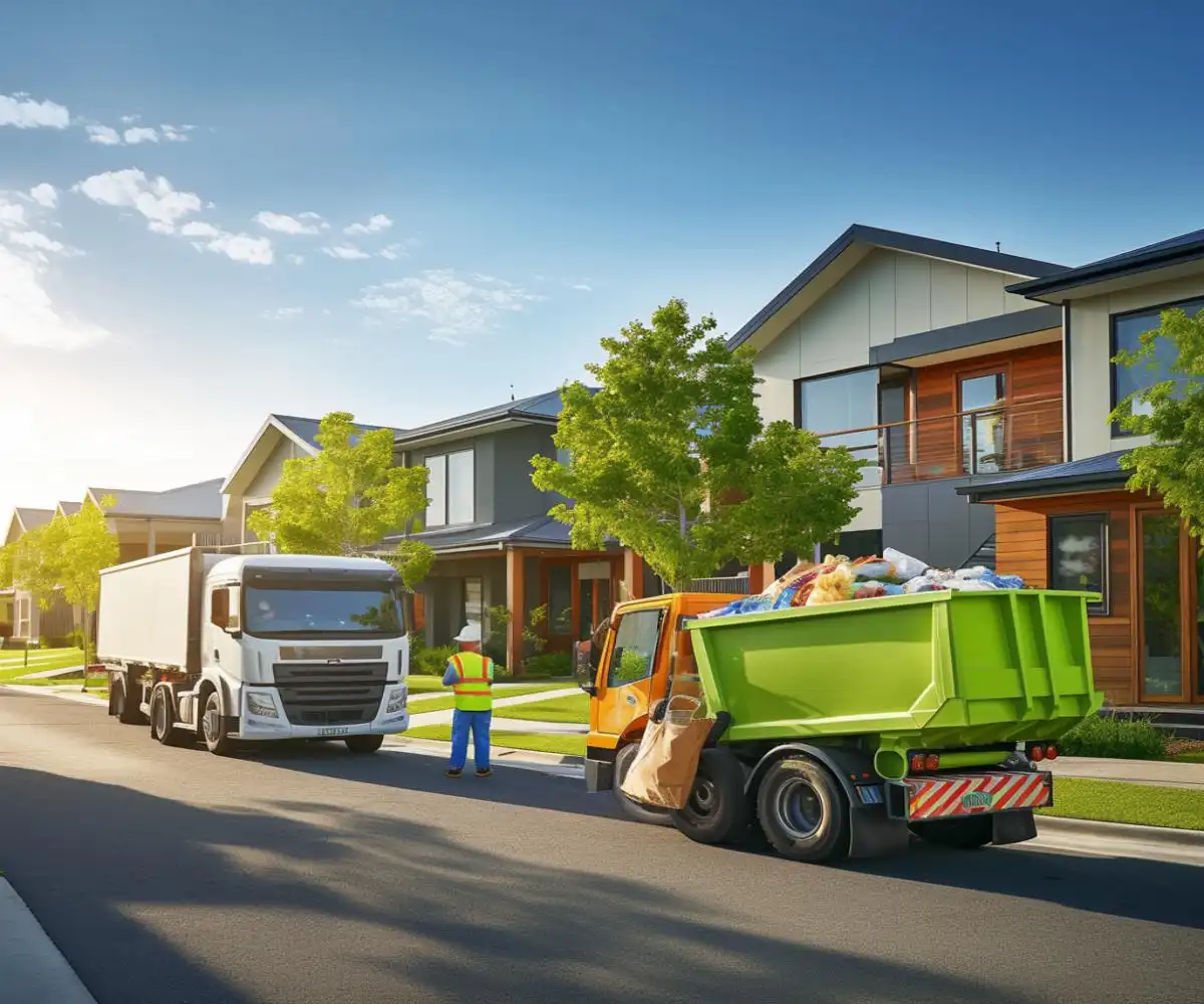 Worker loading household rubbish and renovation debris into a large skip bin during a skip bin hire Bunbury WA project